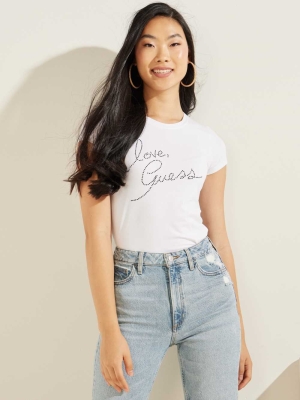 GUESS Love Rhinestone Women's T-Shirts White | UK9542UPV