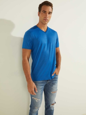 GUESS Mason Yoke V-Neck Men's T-Shirts Blue | UK7208CFB