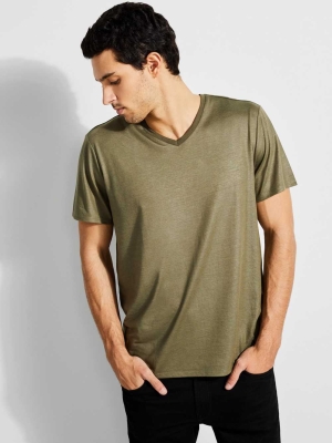 GUESS Mason Yoke V-Neck Men's T-Shirts Olive | UK5201JBE