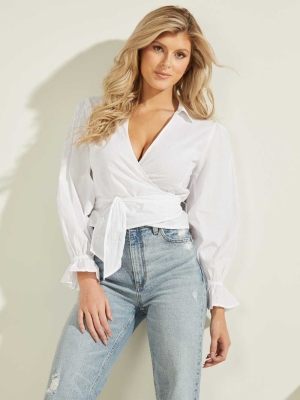 GUESS Meghan Wrap Top Women's Tops White | UK5269UKE