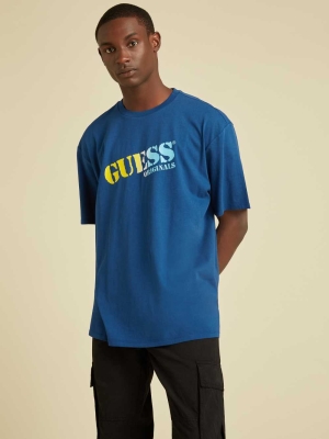 GUESS Originals Ombre Logo Men's T-Shirts Blue | UK4168SIH