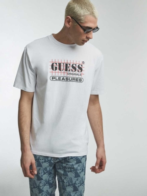 GUESS Originals x PLEASURES Logo Men's T-Shirts White | UK0318RSJ