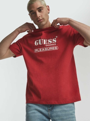 GUESS Originals x PLEASURES Logo Men's T-Shirts Red | UK8154GXY