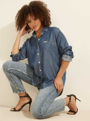 GUESS Pauleta Denim Women's Shirts Deep Blue | UK9308QJM