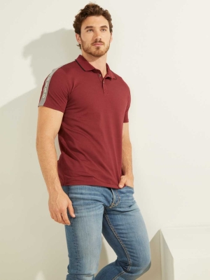 GUESS Pique Logo-Taping Men's Polo Shirts Burgundy | UK1793ZKH