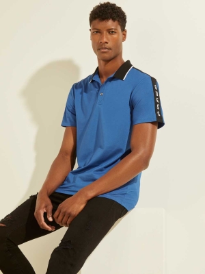 GUESS Pique Logo-Taping Men's Polo Shirts Blue | UK4861CVB