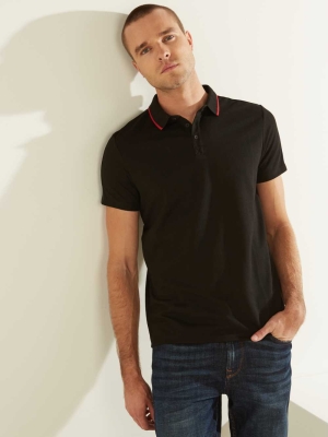 GUESS Pique Logo-Taping Men's Polo Shirts Black | UK6019UHQ