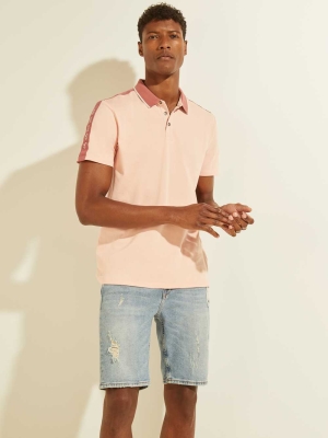 GUESS Pique Logo-Taping Men's Polo Shirts Light Pink | UK7938ZBH