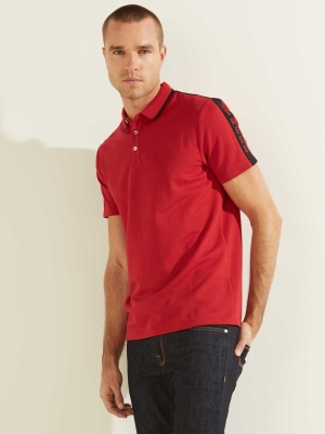 GUESS Pique Logo-Taping Men's Polo Shirts Red | UK9106GSI