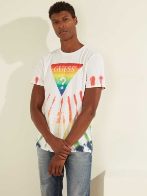 GUESS Rainbow Logo Tie-Dye Men's T-Shirts White Multicolor | UK3208CNA