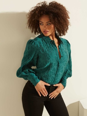 GUESS Raven Button-Up Women's Shirts Green | UK3496ZWS