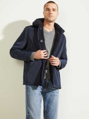 GUESS Reversible Nylon Sherpa Peacoat Men's Coats Dark Blue | UK0278GZK