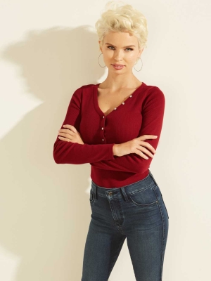 GUESS Rhinestone Logo Henley Women's Tops Red | UK4781XMY