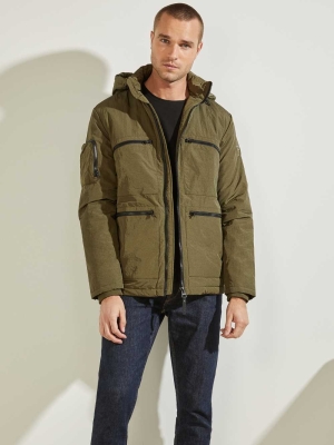 GUESS Ross Hooded Puffer Men's Jackets Olive | UK5102UGV