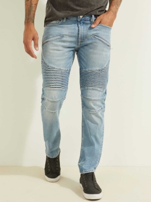 GUESS Slim Tapered Pintuck Moto Men's Jeans Blue White | UK3956JTK