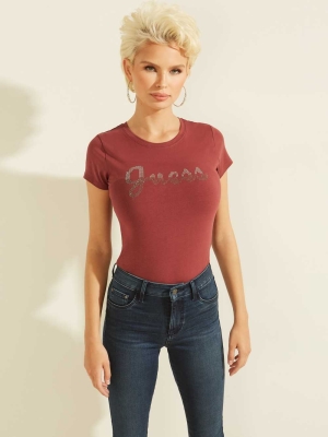 GUESS Split Script Logo Women's T-Shirts Burgundy | UK0741OJC