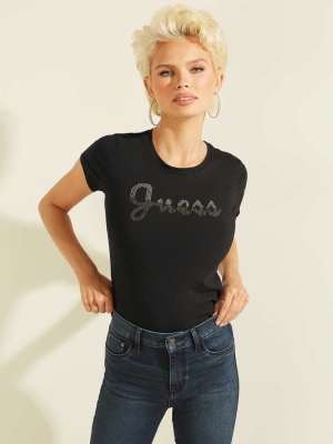 GUESS Split Script Logo Women's T-Shirts Black | UK1470ZQV