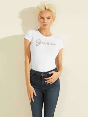 GUESS Split Script Logo Women's T-Shirts White | UK9841YEJ