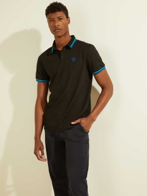 GUESS Sports Pique Logo Men's Polo Shirts Black | UK7869UTF