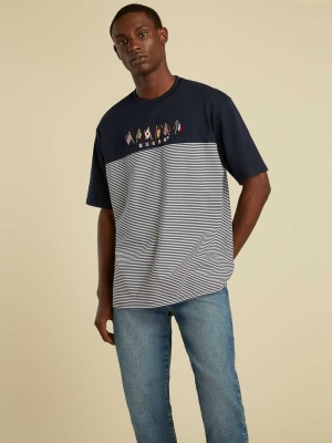 GUESS Striped Summer Games Men's T-Shirts Blue | UK0264BKJ