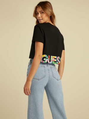 GUESS Summer Games Crop Women's T-Shirts Black | UK2754JTQ