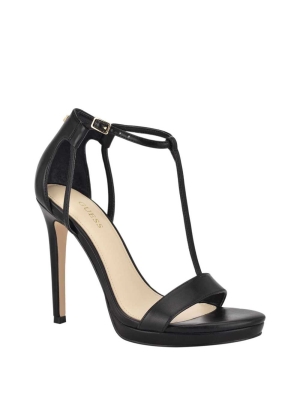 GUESS Tecru T-Strap Stilettos Women's Heels Sandals Black | UK2348ARS