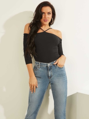 GUESS Tiera Cold-Shoulder Top Women's Tops Black | UK4712UXM