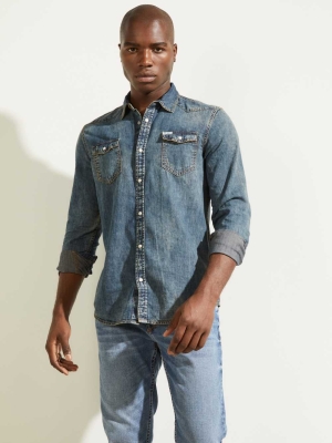 GUESS Truckee Denim Western Men's Shirts Blue | UK0615SWX