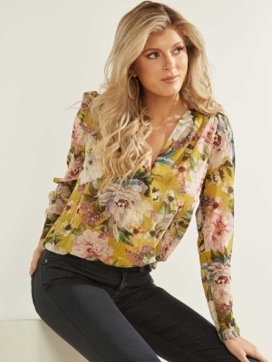 GUESS V-Neck Women's Blouse Flower | UK7542DYK