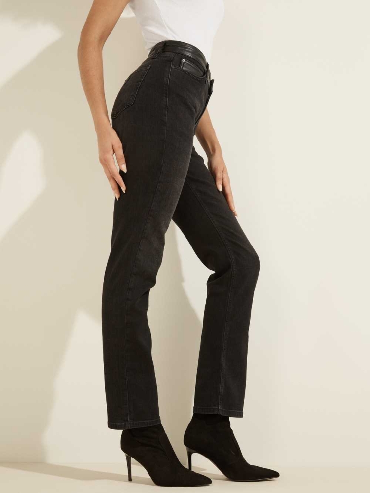 GUESS 1981 Faux-Leather Waist Straight Women's Jeans Black | UK6128DYT