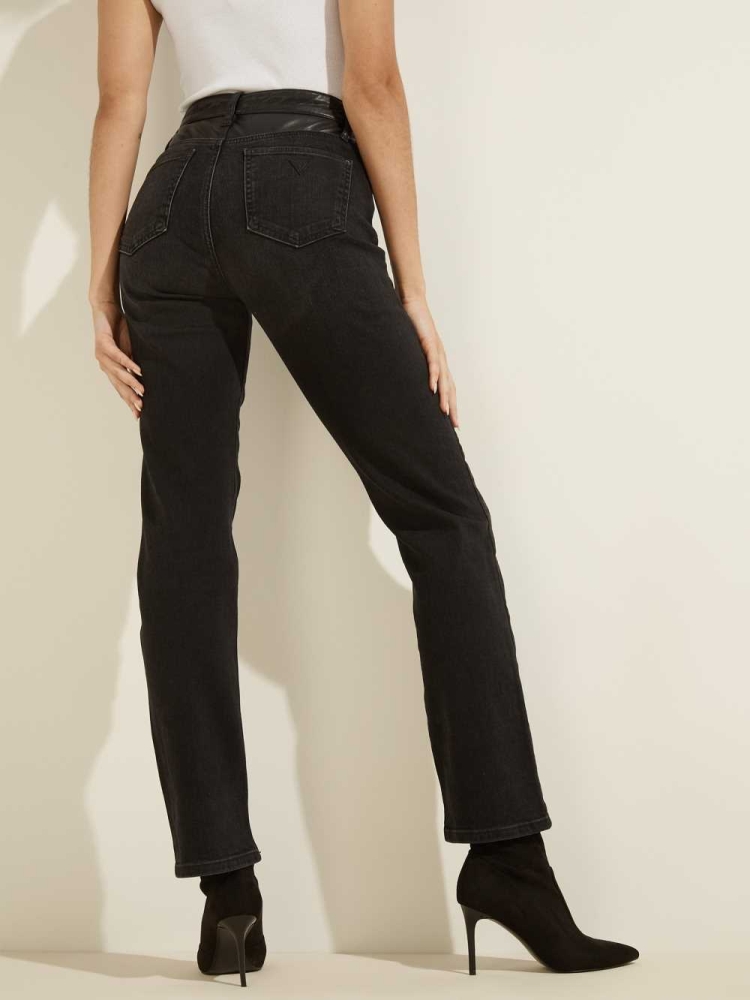 GUESS 1981 Faux-Leather Waist Straight Women's Jeans Black | UK6128DYT