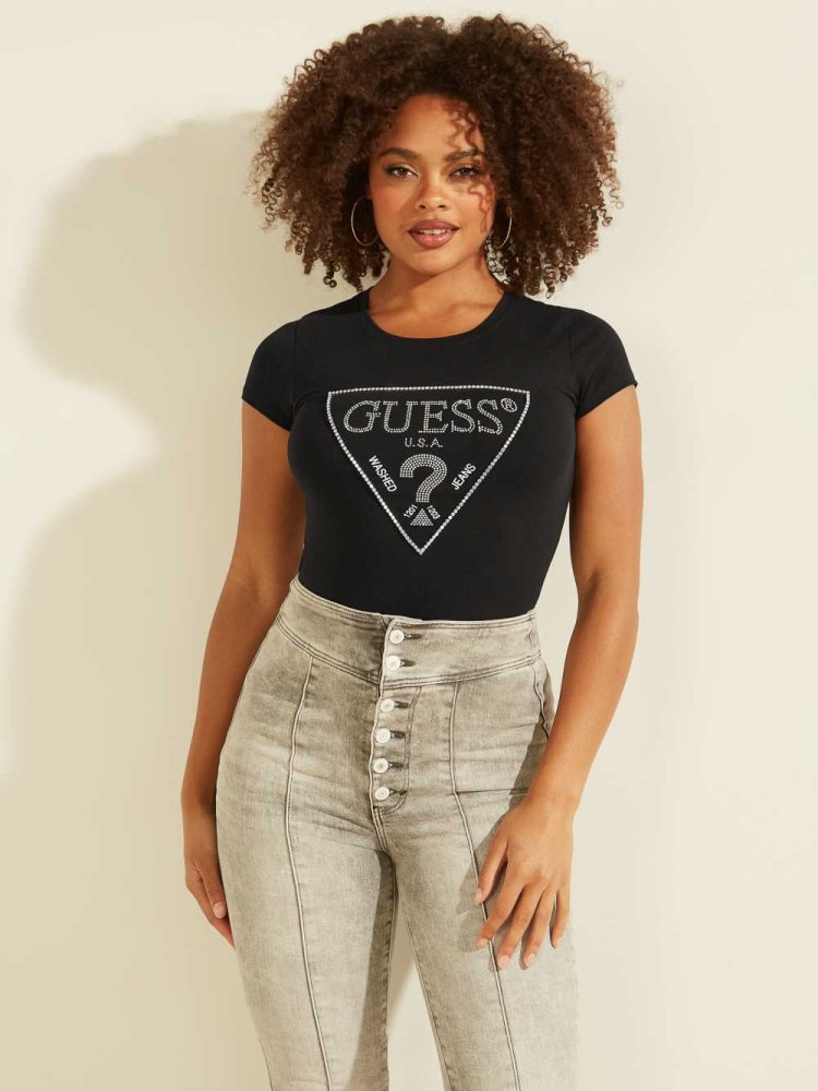 GUESS Amalur Logo Women\'s T-Shirts Black | UK0453XZA