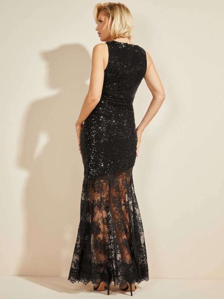 GUESS Amber Sequin and Lace Gown Women's Dresses Black | UK7890WSE