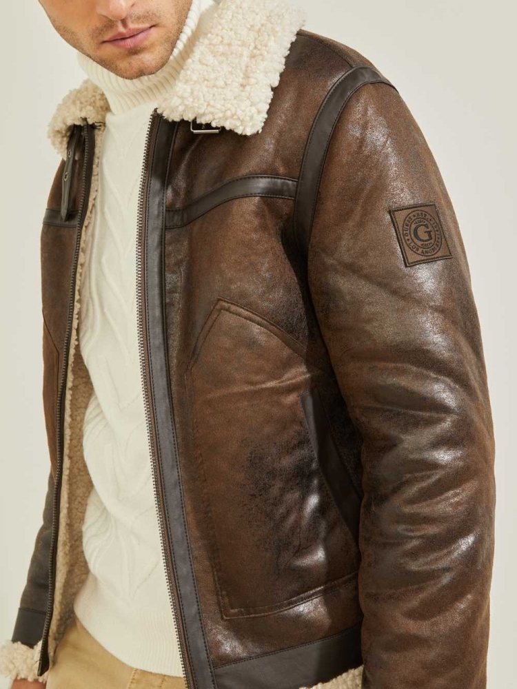 GUESS Aviator Shearling Men's Jackets Chocolate Brown | UK2390FLH