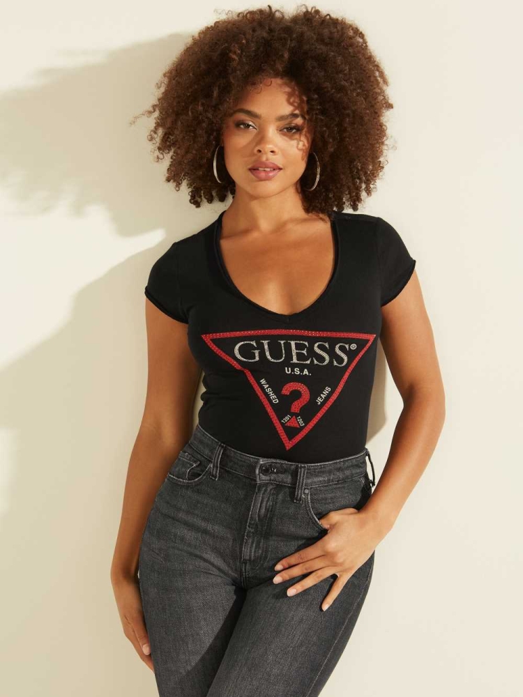 GUESS Bling Logo Women\'s T-Shirts Black Multicolor | UK3962GAS