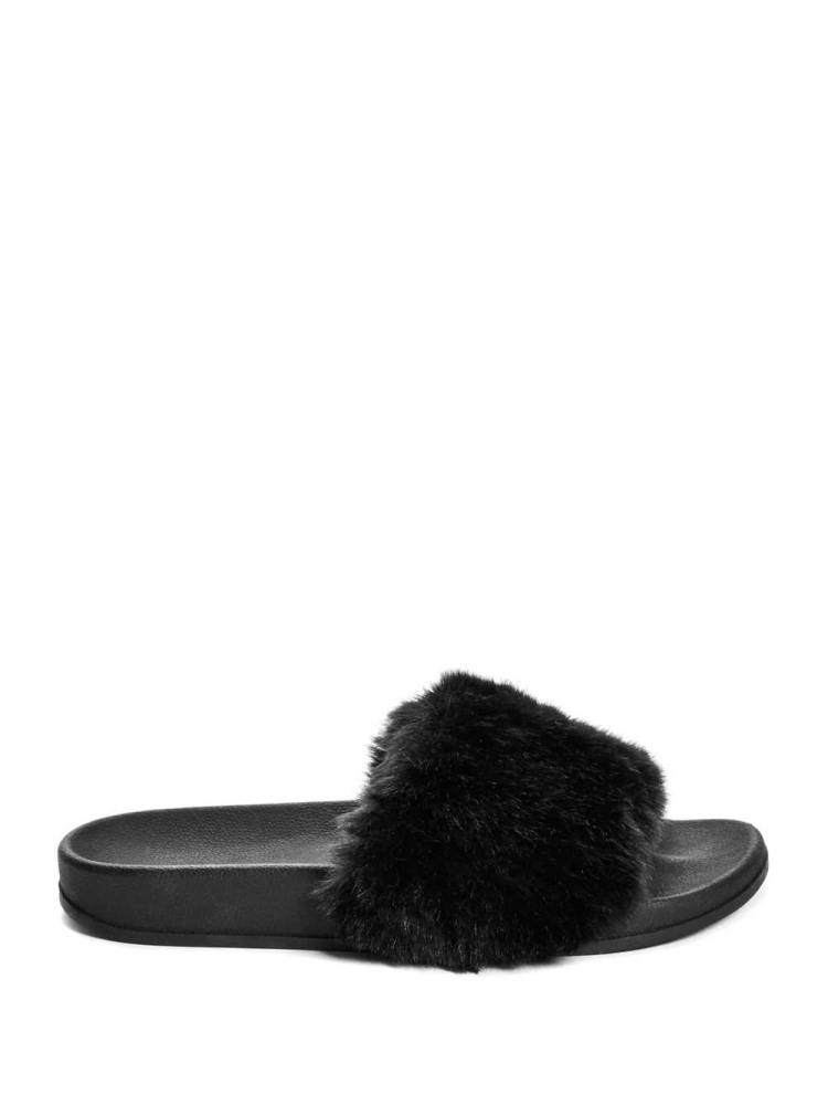 GUESS Buffie Leopard Faux-Fur Slide Women's Slide Sandals Black | UK3927XFY