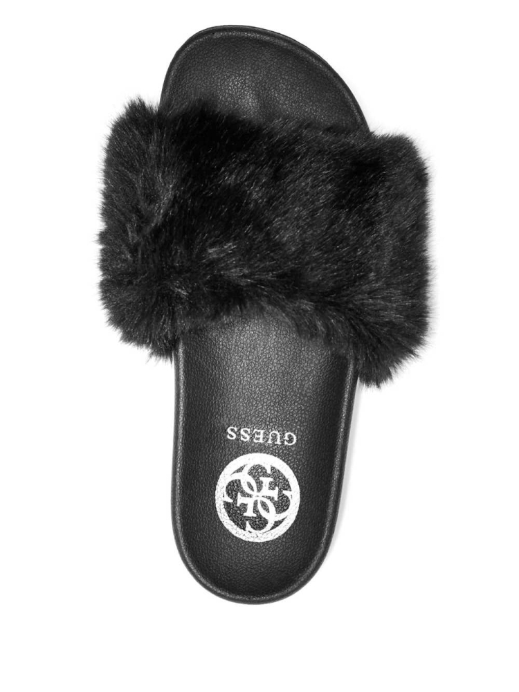 GUESS Buffie Leopard Faux-Fur Slide Women's Slide Sandals Black | UK3927XFY