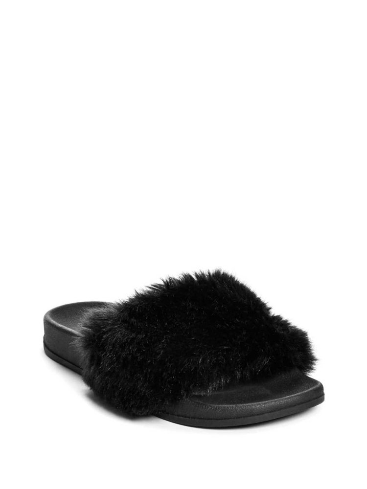 GUESS Buffie Leopard Faux-Fur Slide Women\'s Slide Sandals Black | UK3927XFY