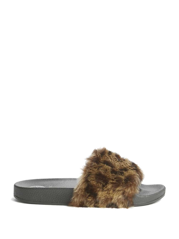 GUESS Buffie Leopard Faux-Fur Slide Women's Slide Sandals Brown | UK4785FSH