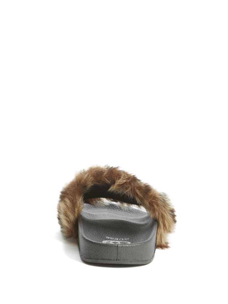 GUESS Buffie Leopard Faux-Fur Slide Women's Slide Sandals Brown | UK4785FSH