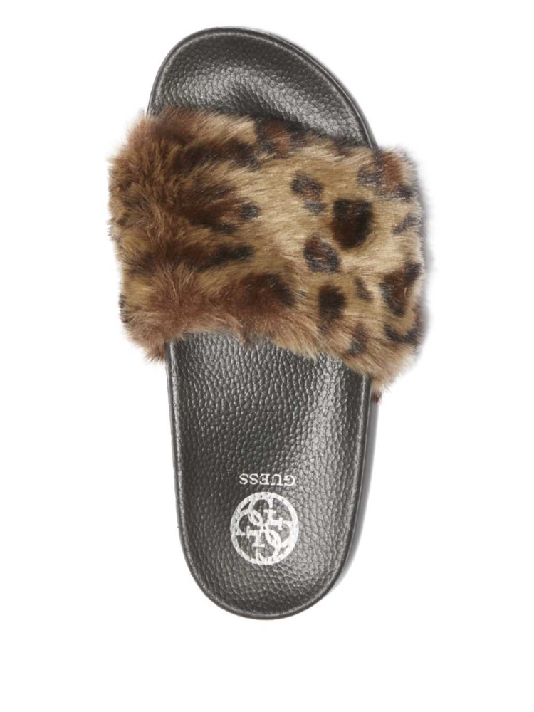 GUESS Buffie Leopard Faux-Fur Slide Women's Slide Sandals Brown | UK4785FSH