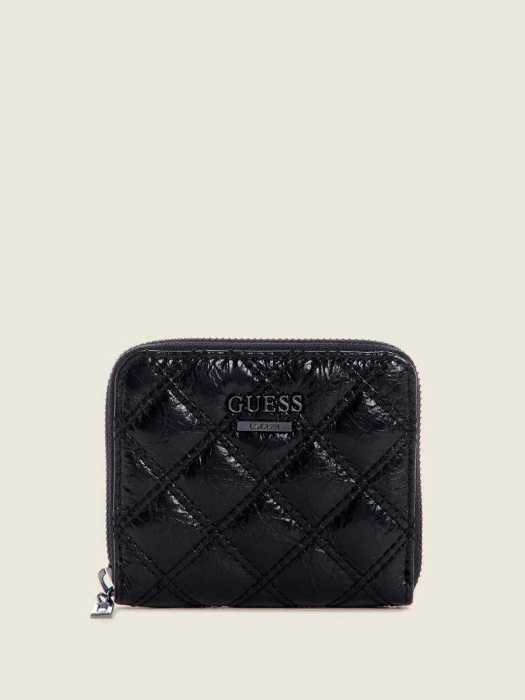 GUESS Cessily Quilted Small Zip-Around Women\'s Wallets Black | UK2604WRA