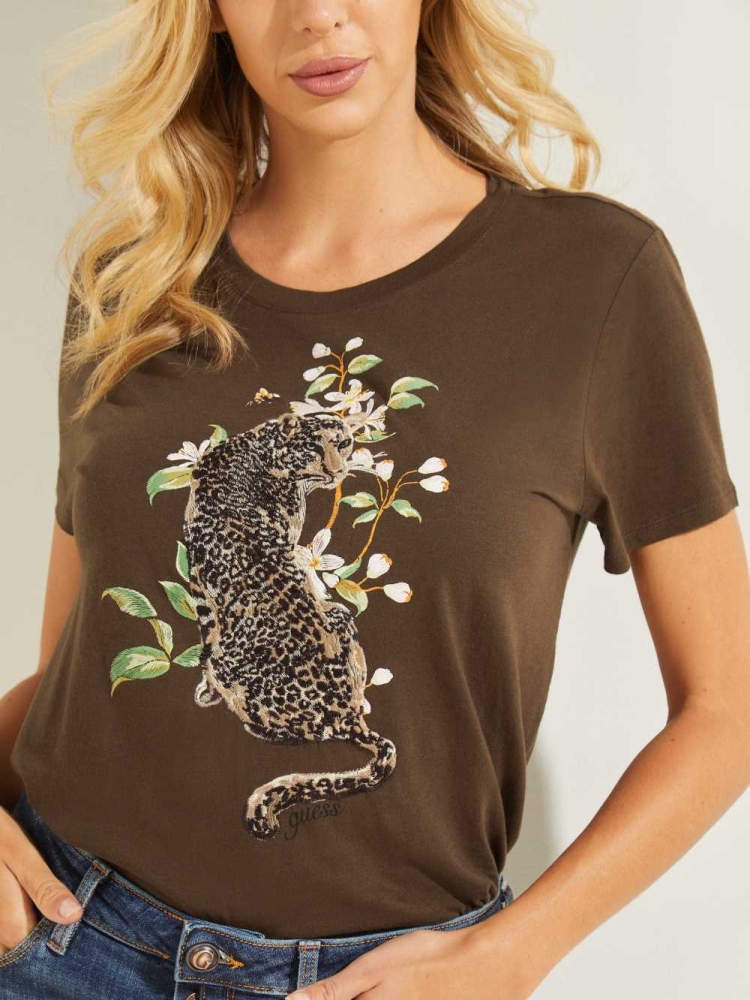 GUESS Cheetah Bloom Easy Women's T-Shirts Coffee | UK4861XLC