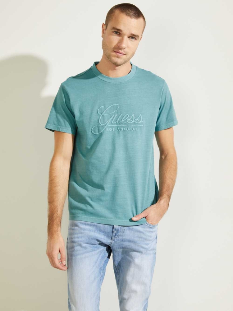 GUESS Classical Embroidered Logo Men's T-Shirts Turquoise | UK1736NMA