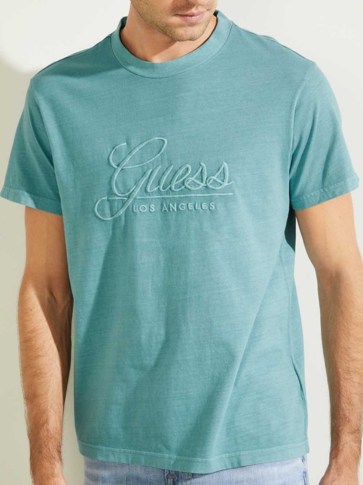 GUESS Classical Embroidered Logo Men's T-Shirts Turquoise | UK1736NMA