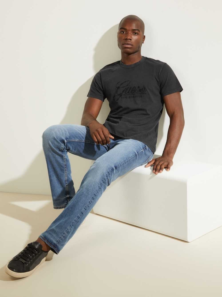 GUESS Classical Embroidered Logo Men's T-Shirts Black | UK2813PIU