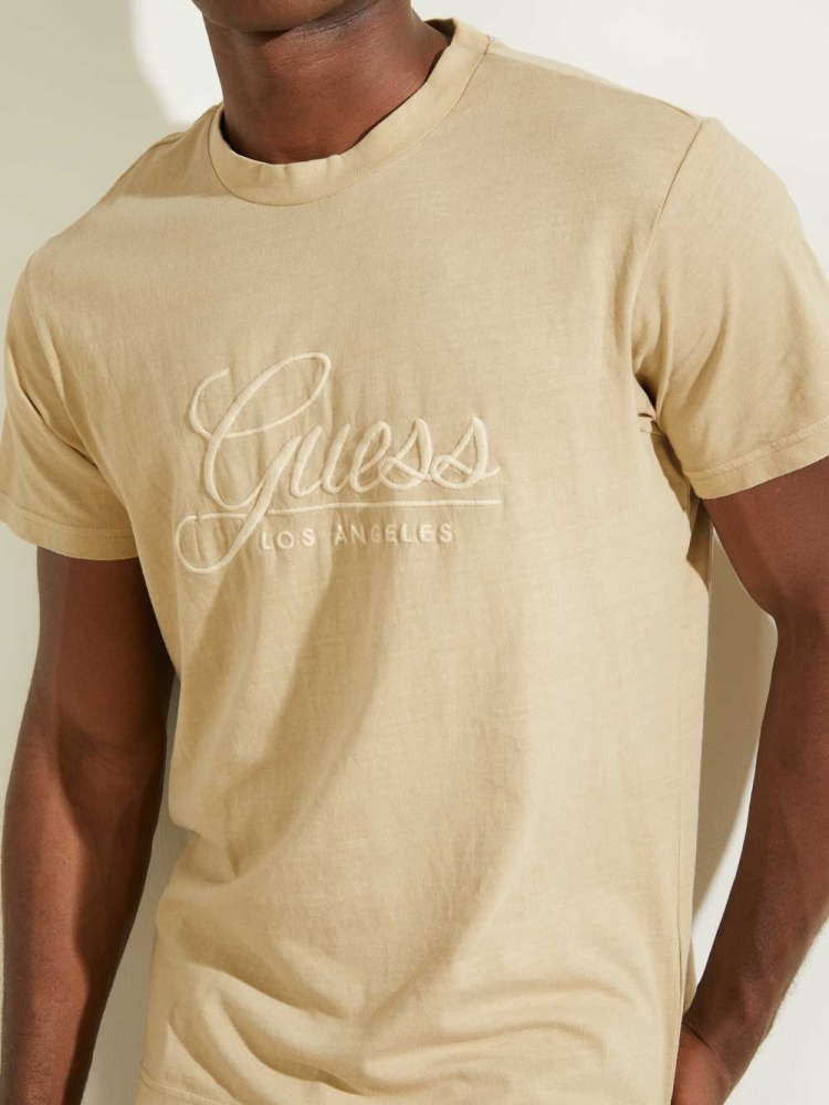 GUESS Classical Embroidered Logo Men's T-Shirts Beige | UK3561SKL