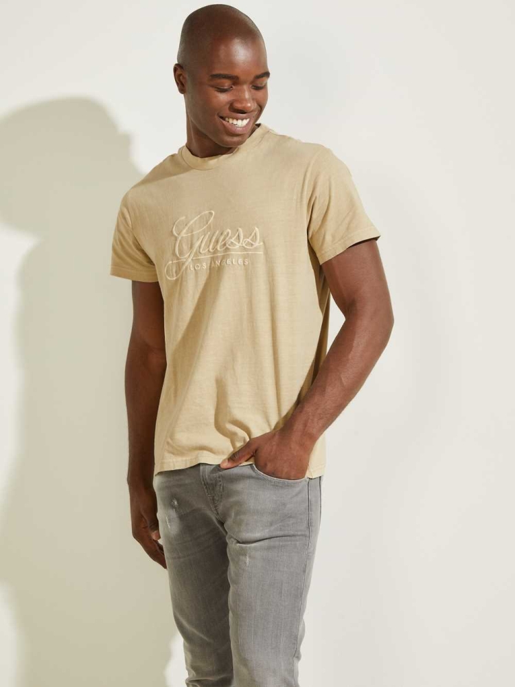 GUESS Classical Embroidered Logo Men\'s T-Shirts Beige | UK3561SKL