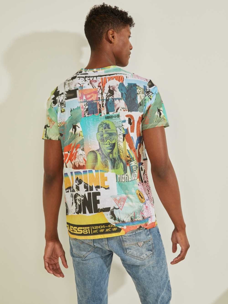 GUESS Collage Poster Men's T-Shirts White Multicolor | UK8231VSW