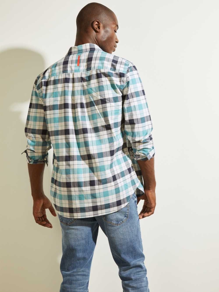 GUESS Collins Long-Sleeve Men's Shirts Blue Green | UK2910CIK